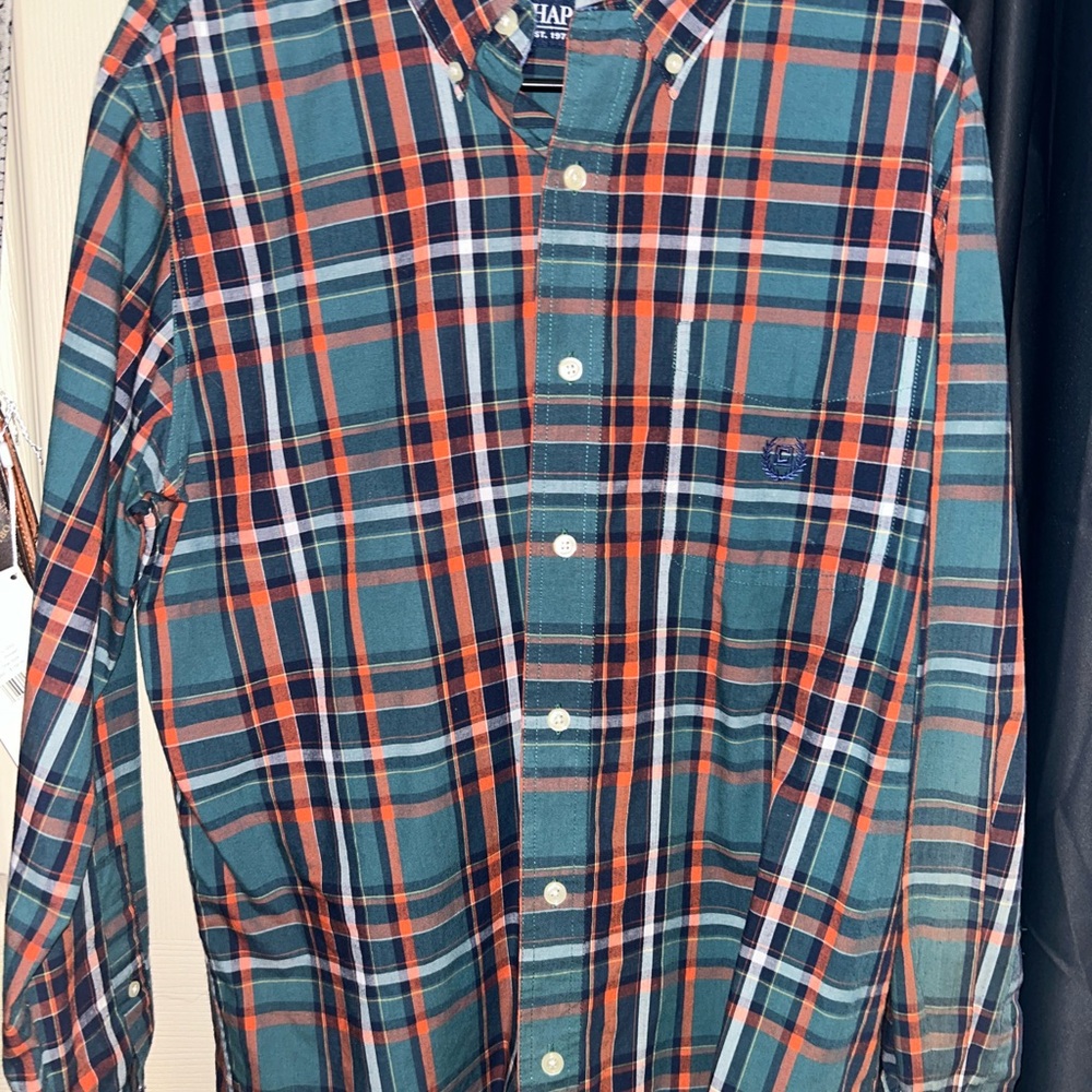 Champs Men’s Plaid Button-Down Shirt - Teal, Orange & Navy